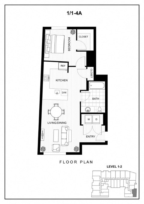 Floor plan for 1 bed, 1 bath, 721 sqft